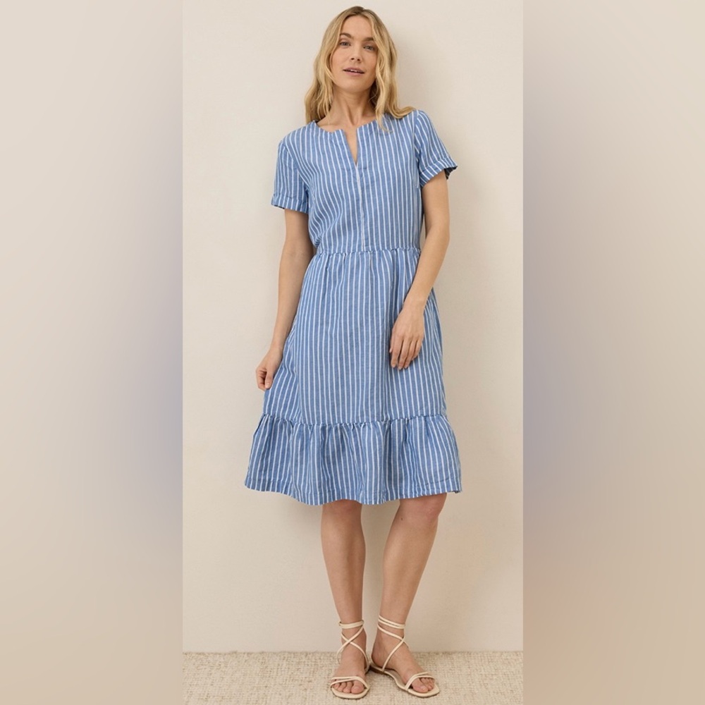 Pact Organic Canopy Linen/Cotton Notch Neck Dress NWOT Blue Bondi Stripe Sz Lg
